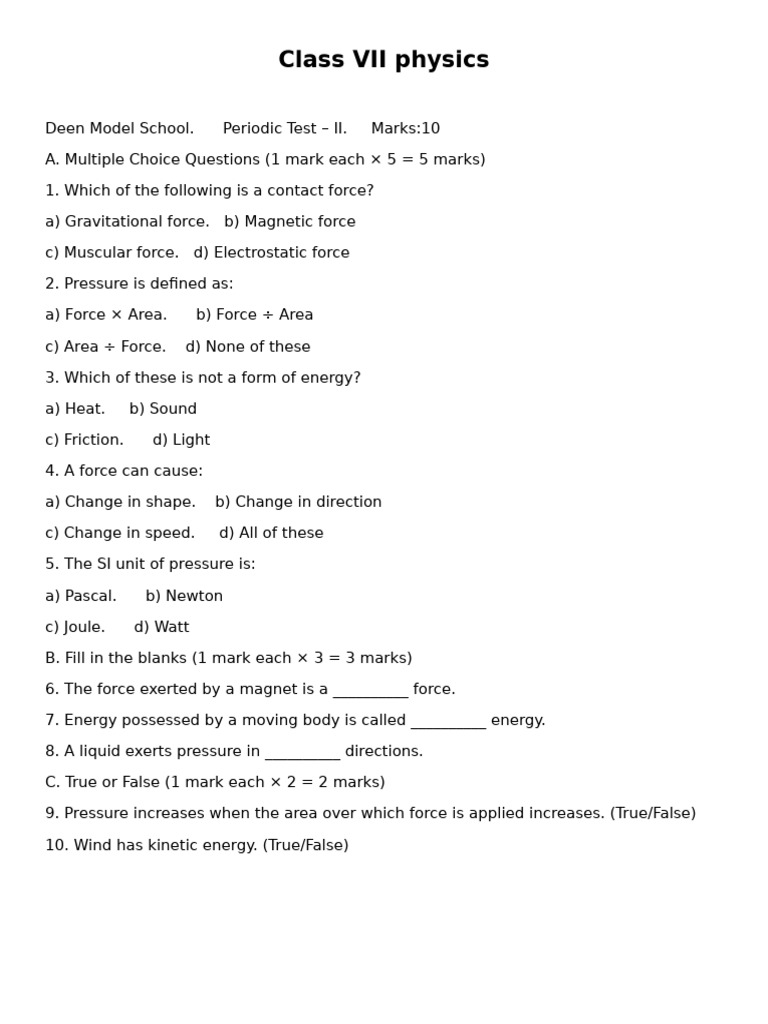 Class VII Physics Test: Forces & Energy | PDF
