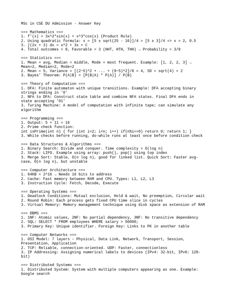 DU MSc CSE Admission Answer Key | PDF | Computing | Computer Science