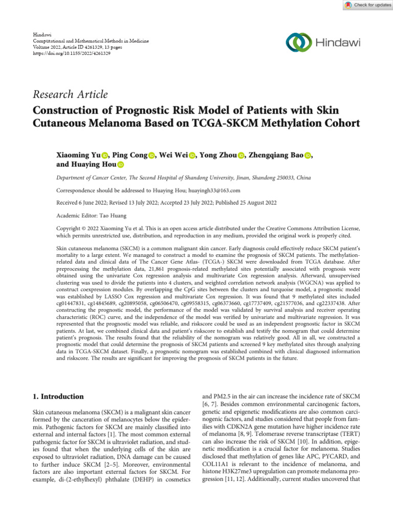Prognostic Model for Skin Melanoma Risk | PDF | Melanoma | Dna Methylation