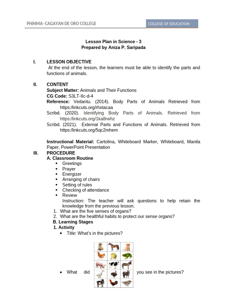 Science Lesson Plan: Animal Parts & Functions | PDF | Plants | Lesson Plan