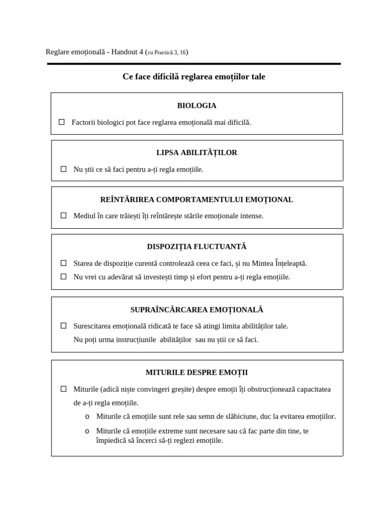 Emotion Regulation Handout 4 - Ce Face Grea Reglare Emotiilor | PDF