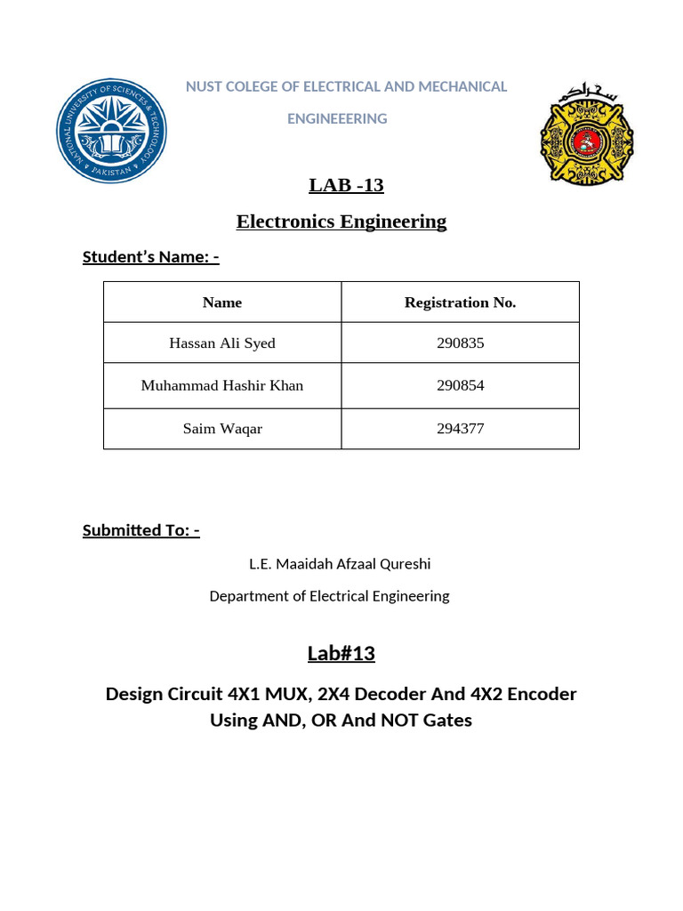 4x1 MUX, 2x4 Decoder, 4x2 Encoder Design | PDF | Electrical Circuits ...