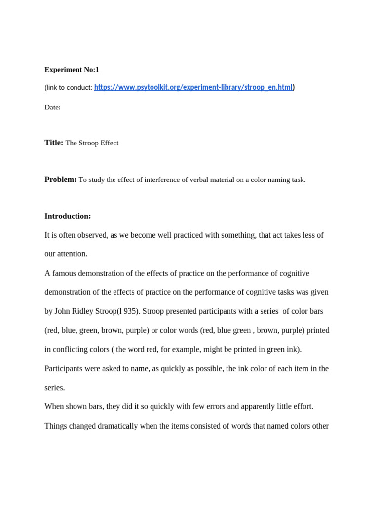 Stroop Effect and Attention Span Experiments | PDF | Attention | Psychology