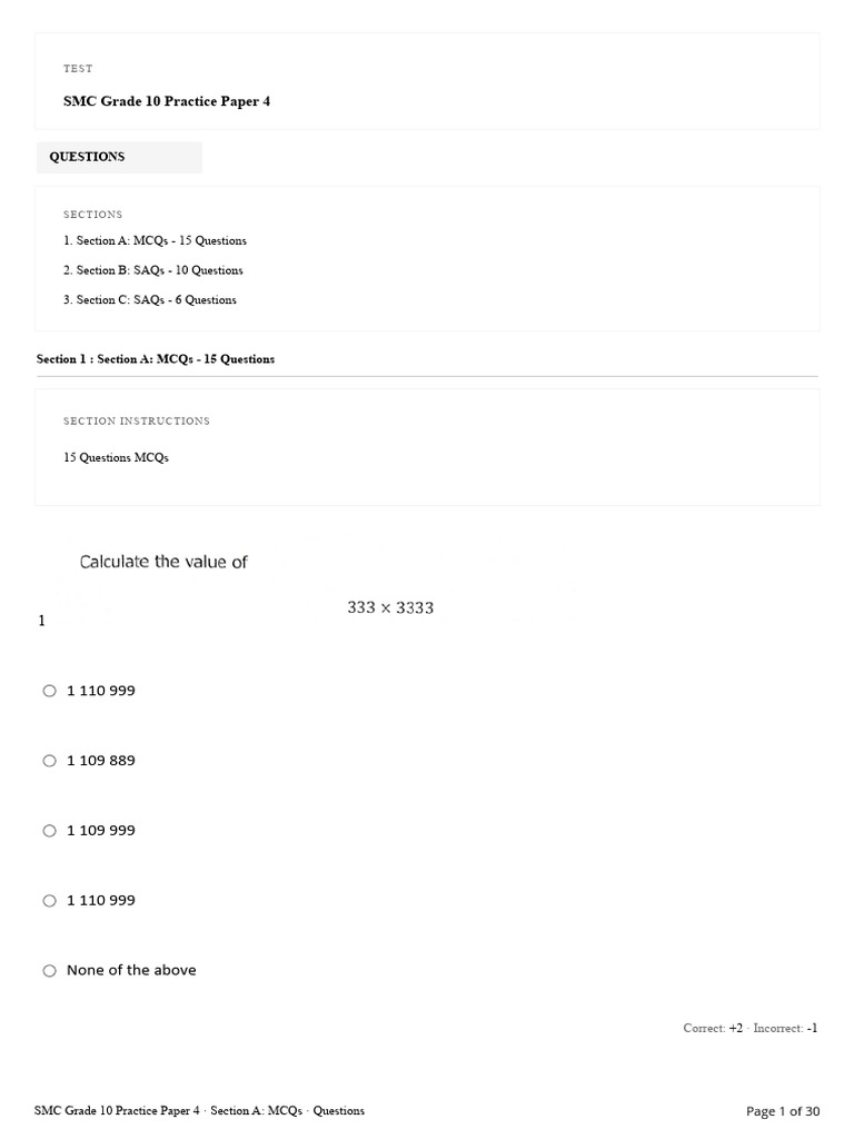 Grade 10 SMC Practice Paper 4 | PDF | Multiple Choice | Evaluation Methods