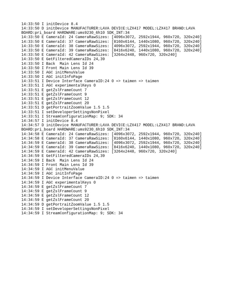 Lava LZX417 Camera Configuration Log | PDF