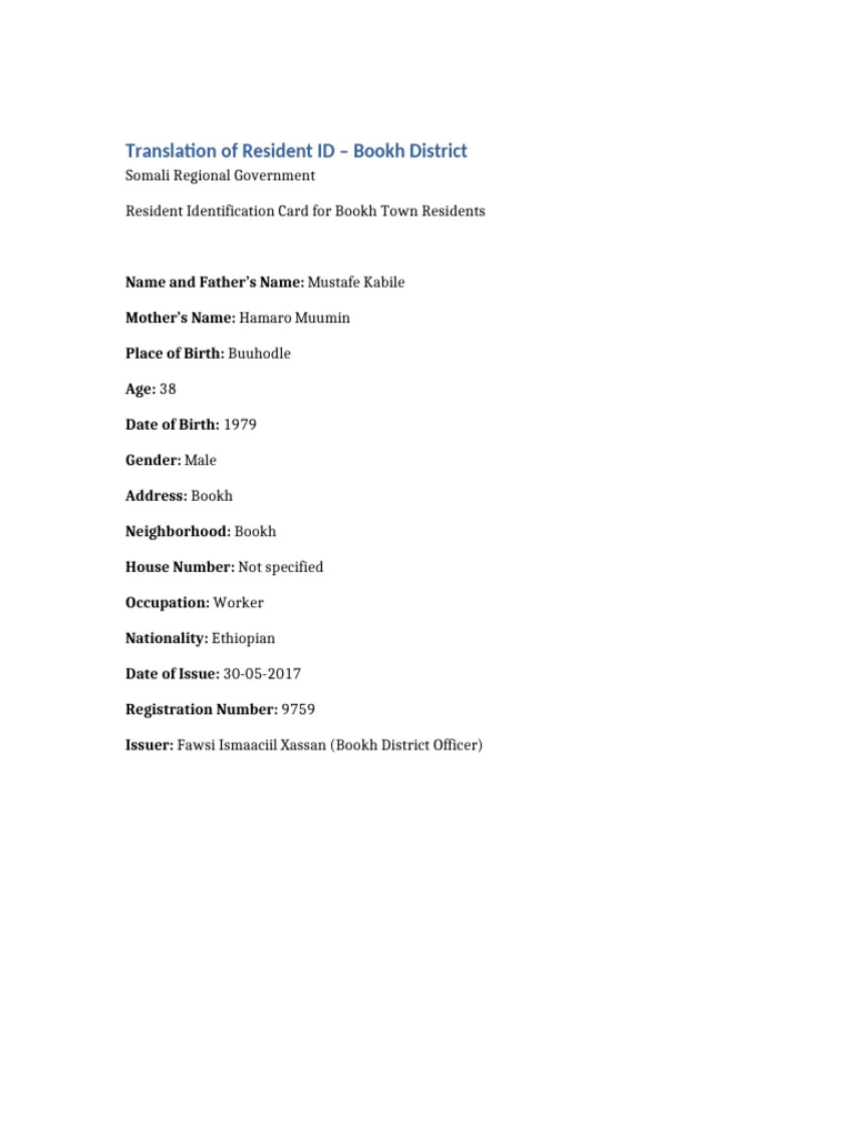 Resident ID Translation Bookh | PDF