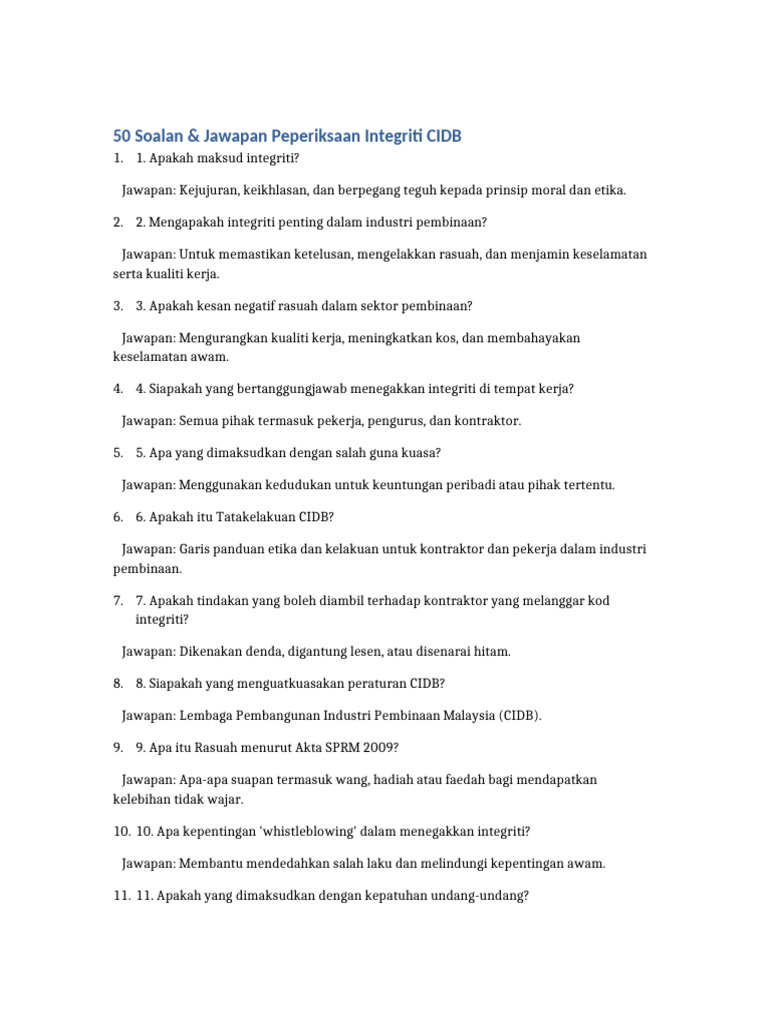 Soalan & Jawapan Ujian Integriti CIDB | PDF