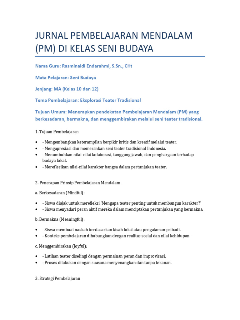 Jurnal Pembelajaran Mendalam Seni Budaya | PDF