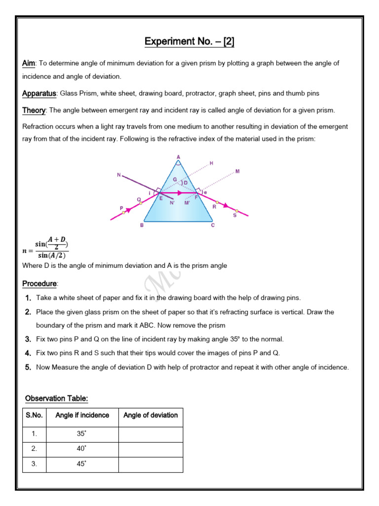 Angle of Minimum Deviation in Prism | PDF