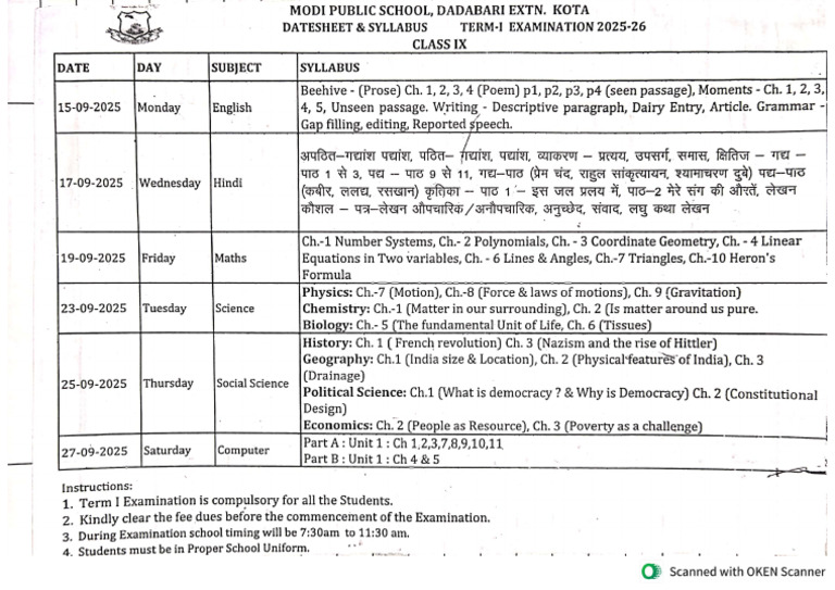 IX Syllabus and Time Table | PDF