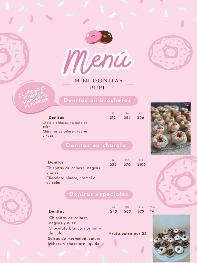 Menú Mini Donas Ilustrado Rosa | PDF