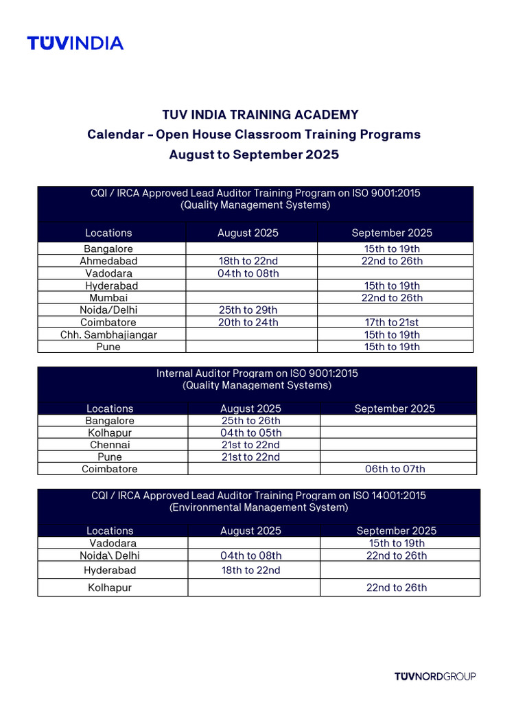 TUV INDIA TRAINING ACADEMY Classroom Trainings Programs - August To ...