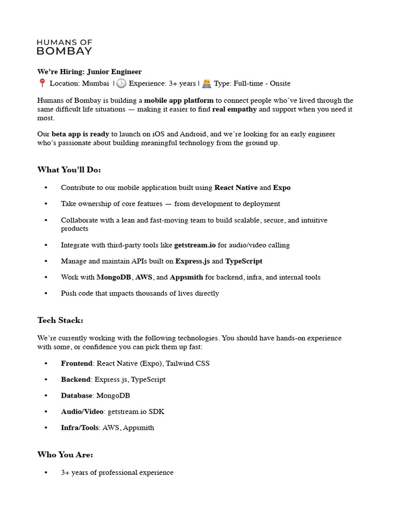 Junior Engineer Position at Humans of Bombay | PDF | Software ...
