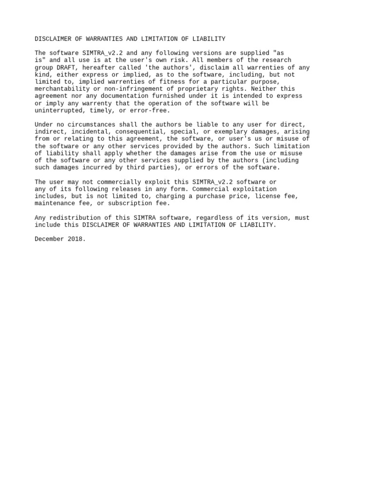 SIMTRA_v2.2 Software Liability Disclaimer | PDF
