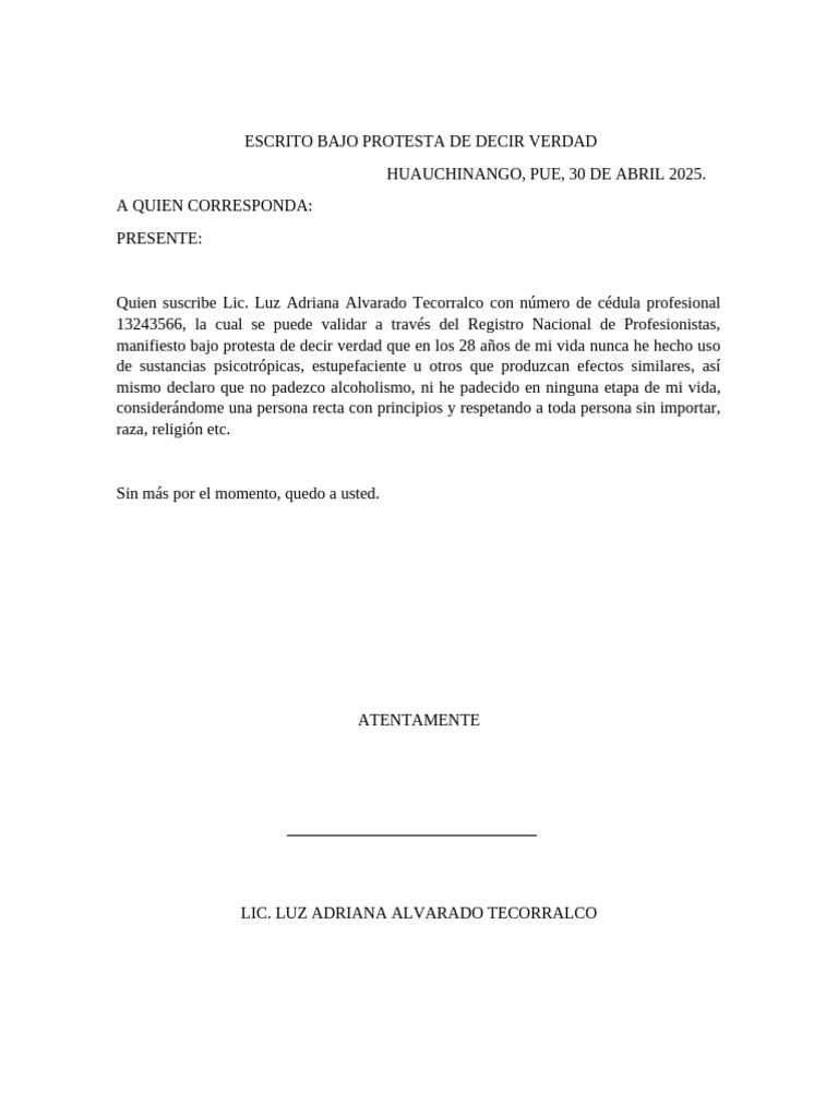 ESCRITO BAJO PROTESTA DE DECIR VERDAD (1) | PDF