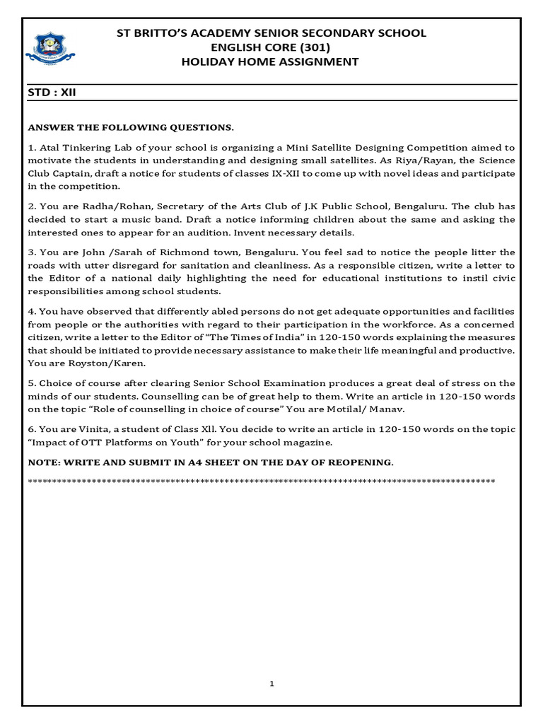 Holiday Home Assignment for Class XII | PDF