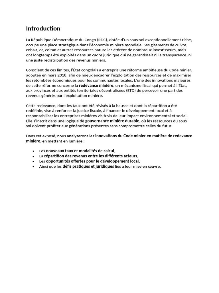 Réforme du Code minier en RDC : enjeux et impacts | PDF | République ...