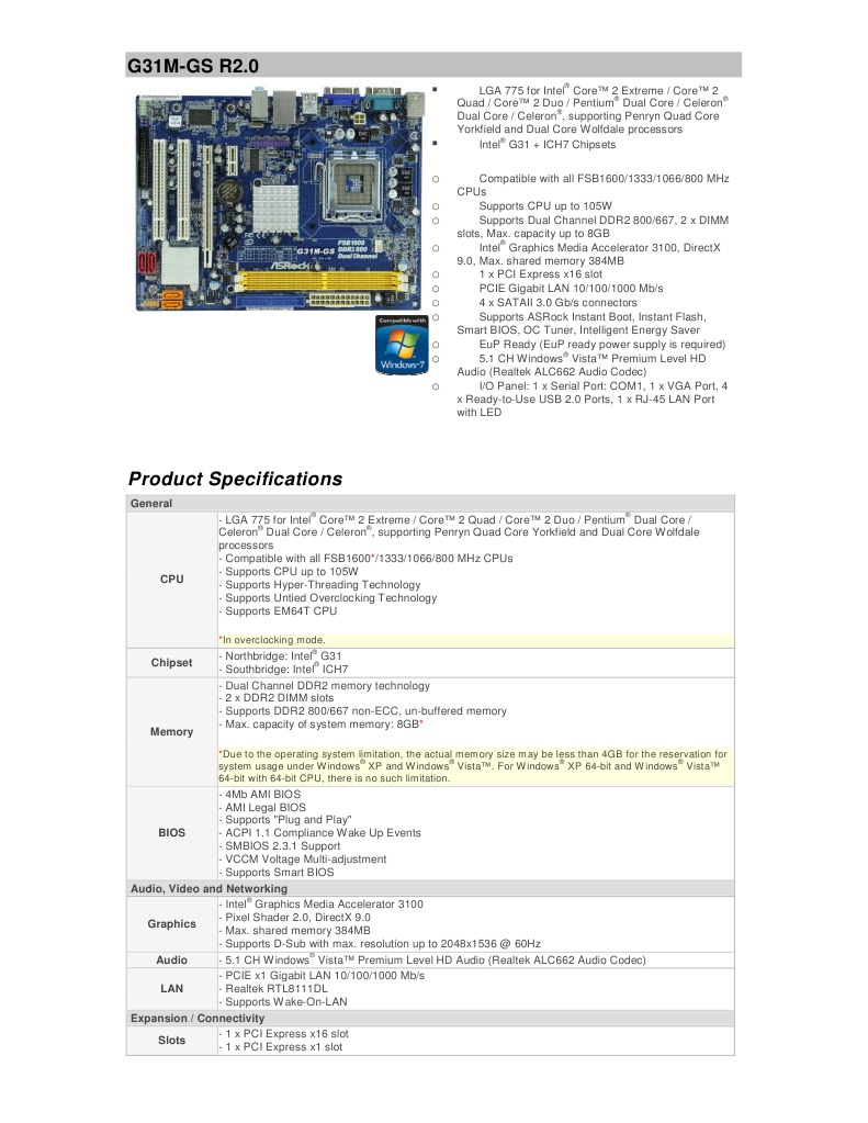 G31MGS R2.0 Product Specifications PDF Bios Electrical Connector