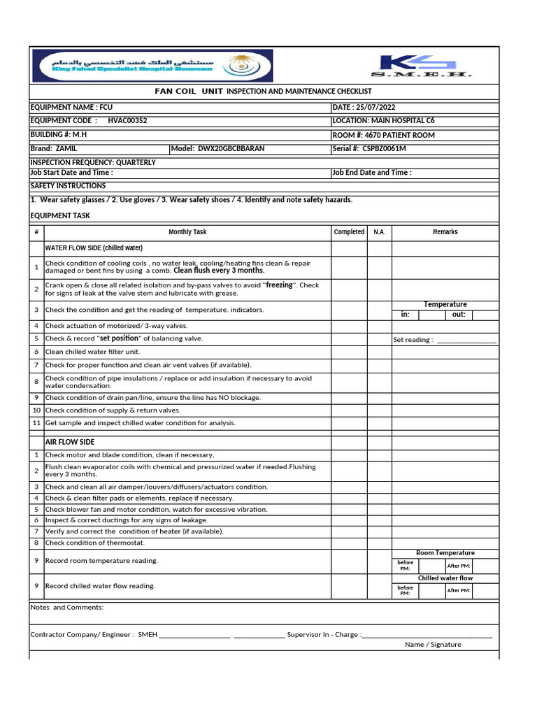 FCU Maintenance Checklist for Hospitals | PDF | Valve | Mechanical ...