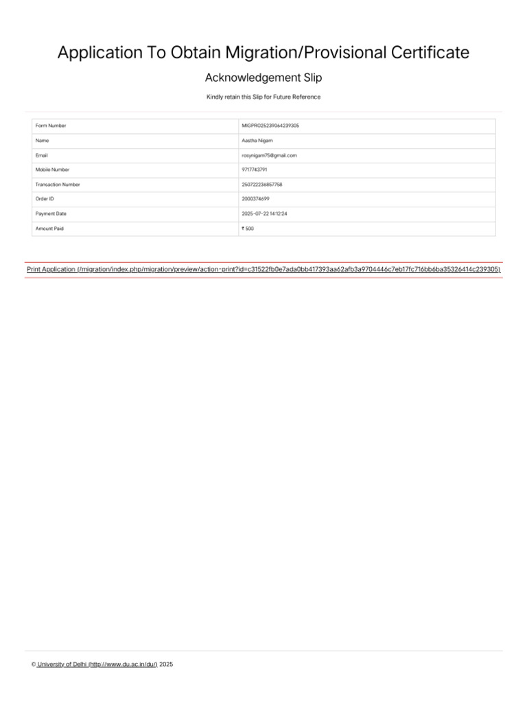 Migration Certificate Application Acknowledgment | PDF