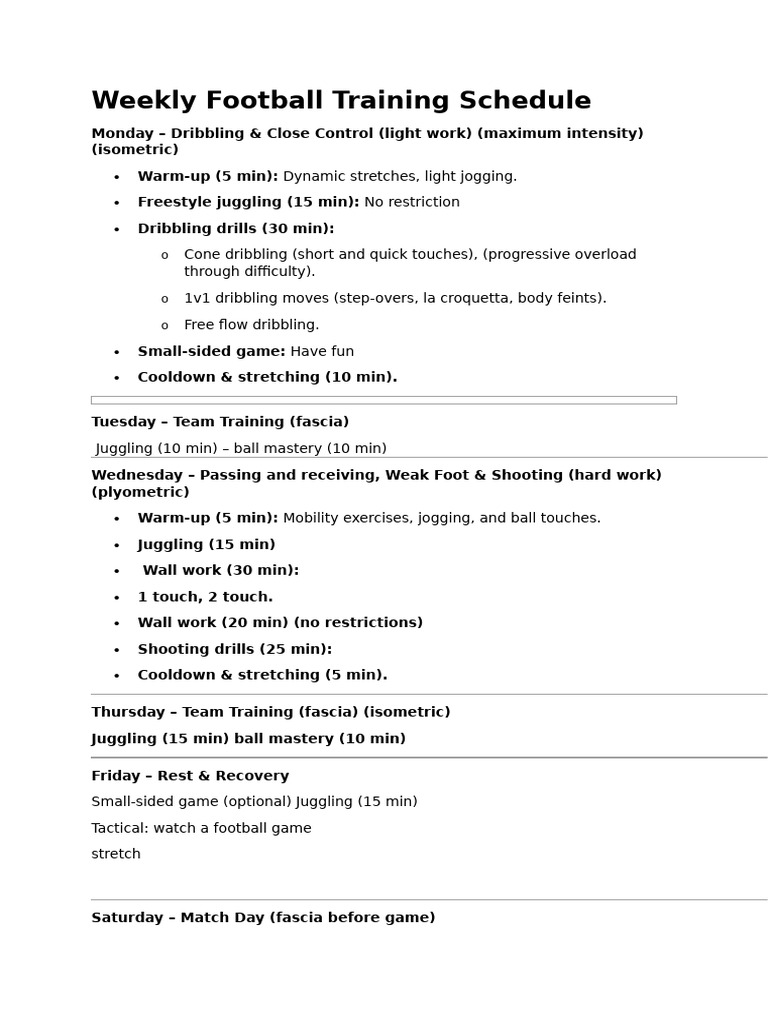 Weekly Football Training Overview | PDF