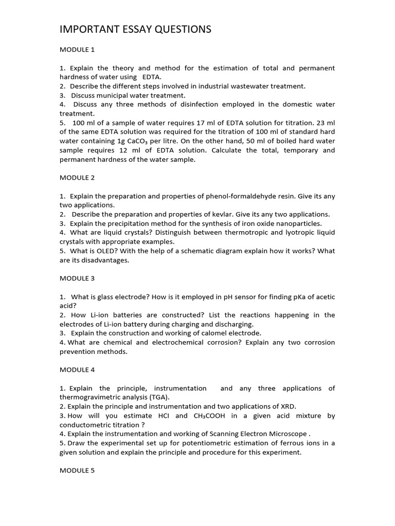 Very Important Essay Questions | PDF | Water | Chemistry
