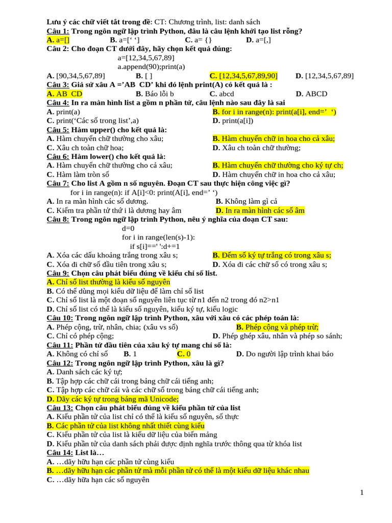 BT List Xau Dap An | PDF