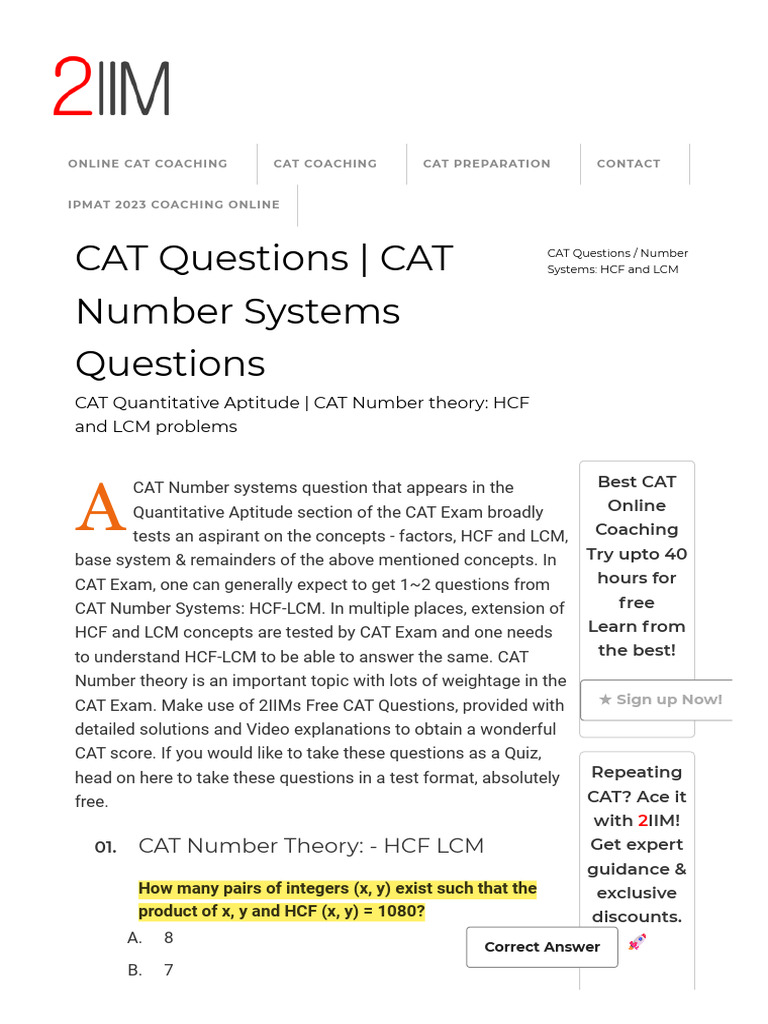 CAT Number Systems: HCF and LCM Questions | PDF | Arithmetic | Discrete ...