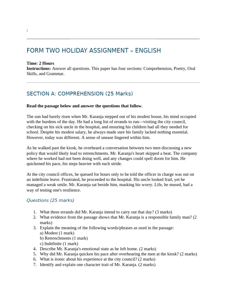 Form Two Holiday Assignment | PDF | Syntax | Grammar