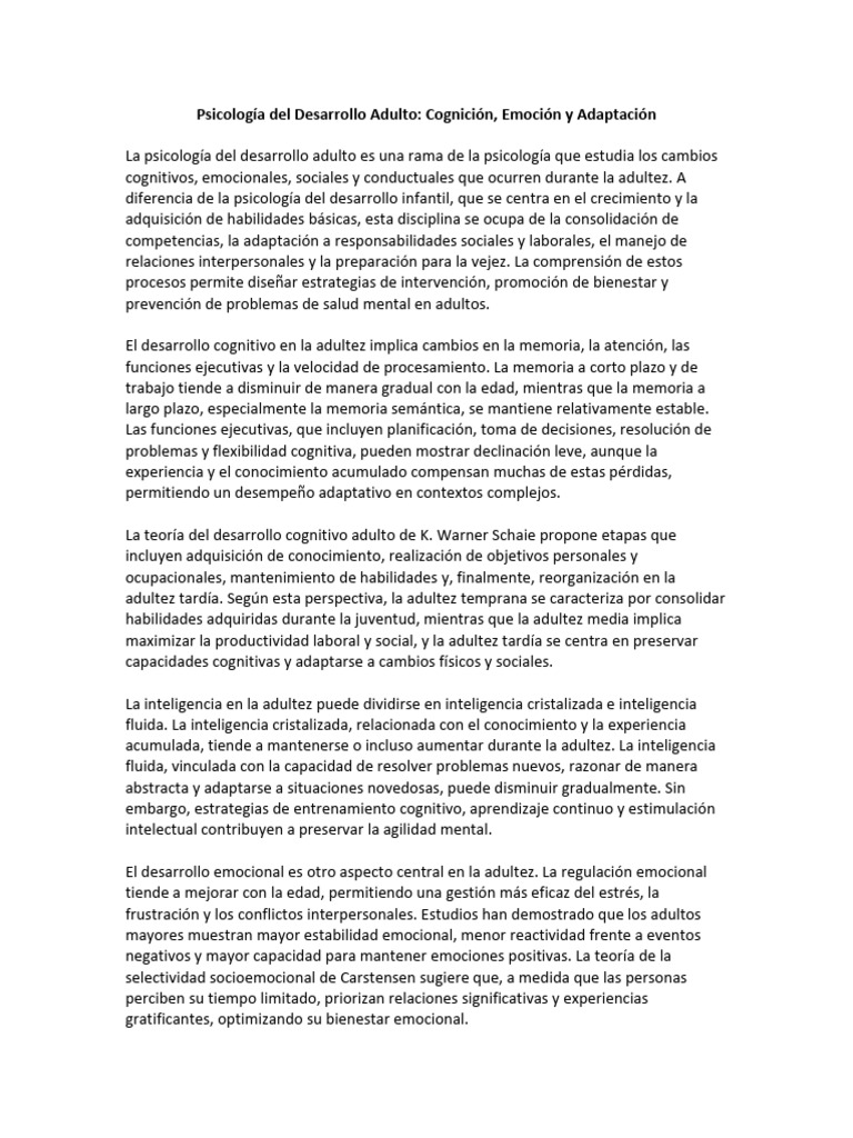 Psicología del Desarrollo Adulto: Cognición y Emoción | PDF | Adultos ...