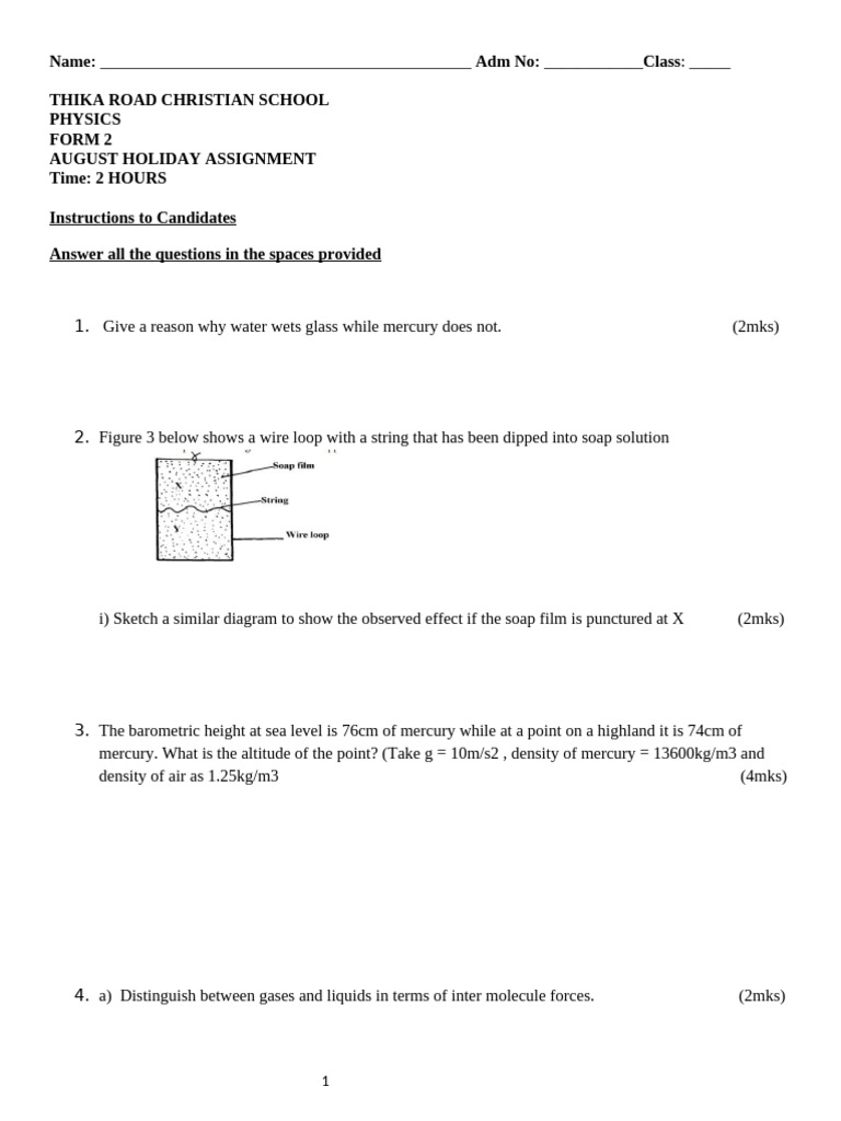 Form 2 Physics Holiday Assignment | PDF | Waves | Force