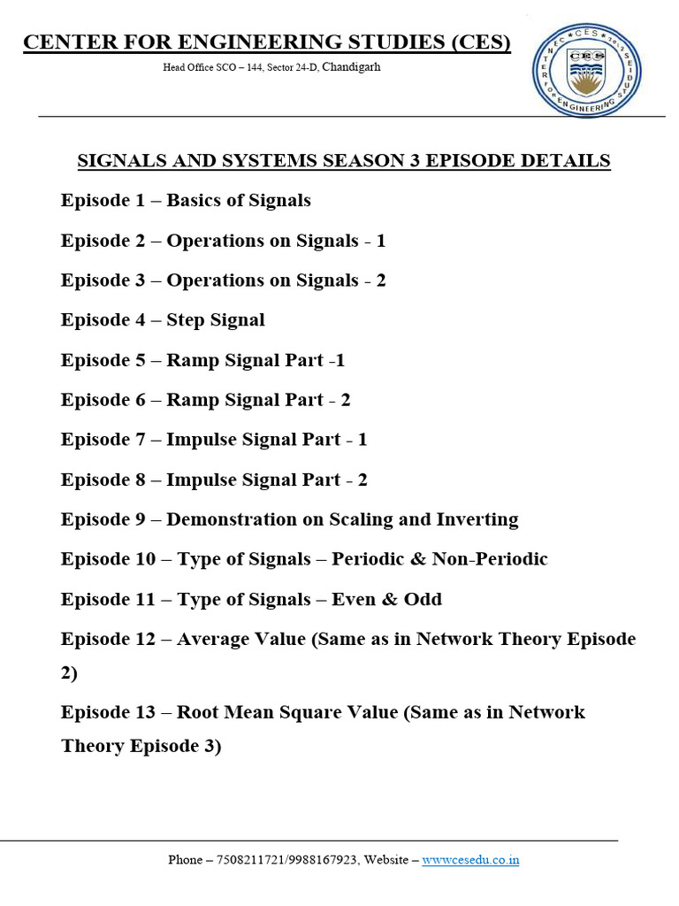 Signals and Systems Episode Guide | PDF | Laplace Transform | Fourier ...