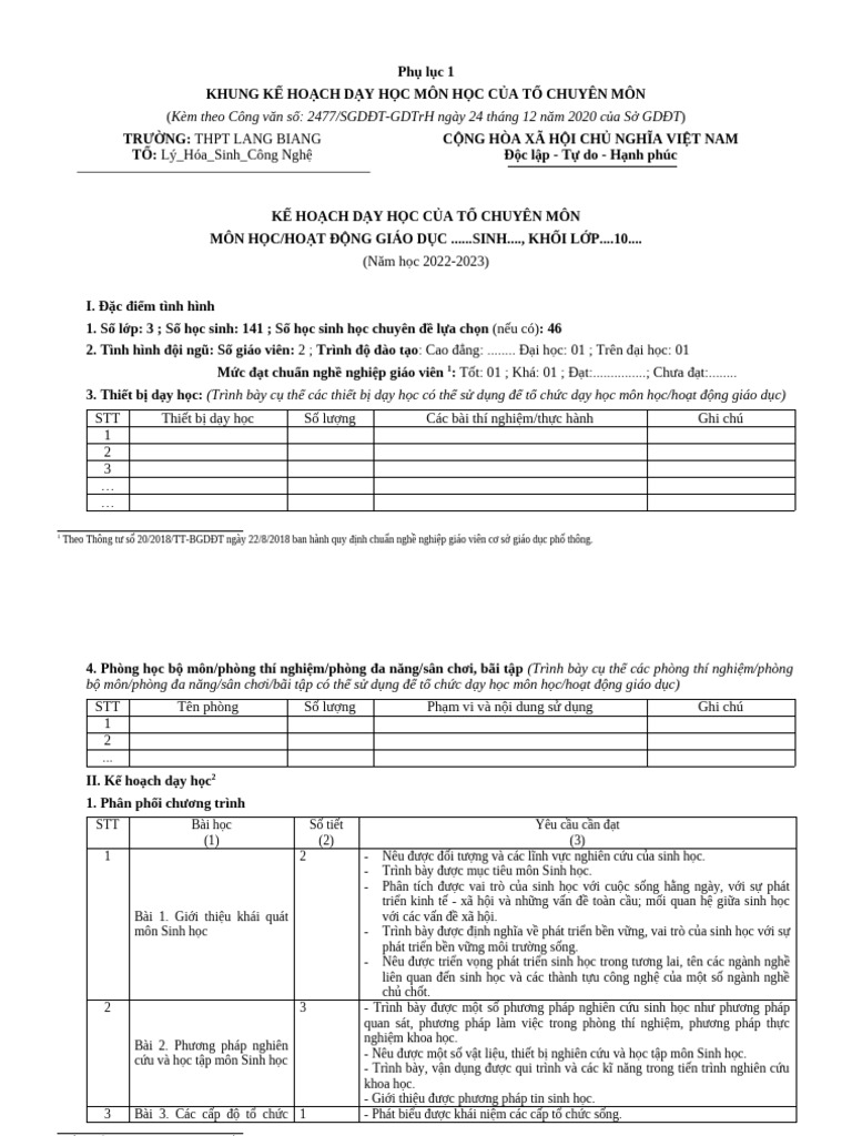 Phu Luc 1 Khung Ke Hoach Day Hoc Mon Hoc | PDF