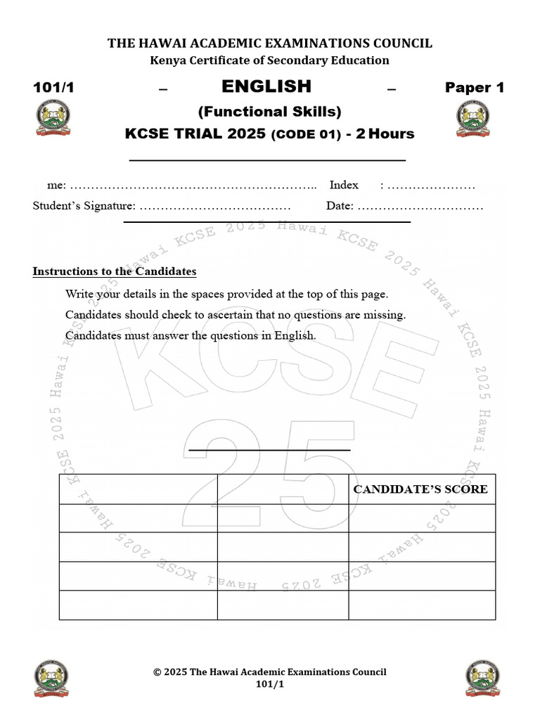 KCSE English Paper 1 Trial 2025 | PDF