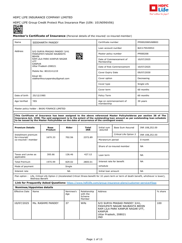 HDFC Life Insurance Certificate Details | PDF | Brain Tumor | Insurance