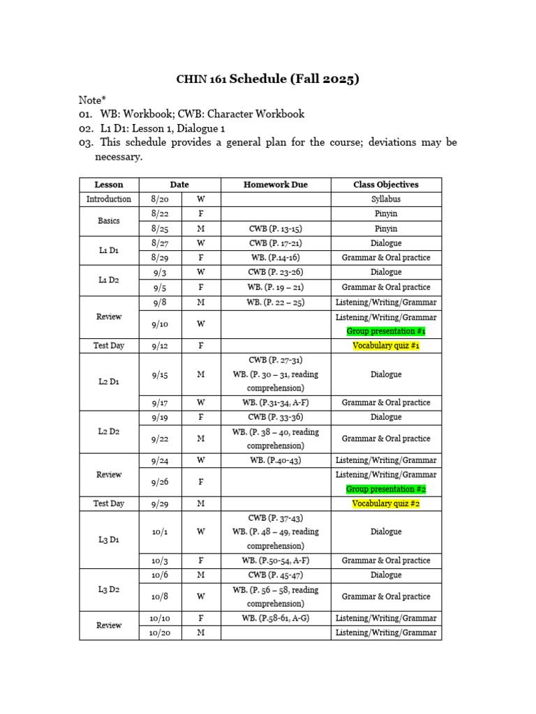 CHIN 161 Fall 2025 Course Schedule | PDF | Cultural Assimilation ...
