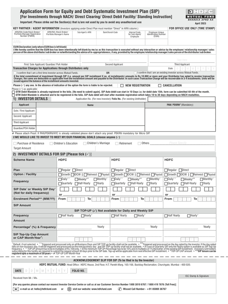 SIP Application Form for Investment | PDF | Cheque | Debit Card