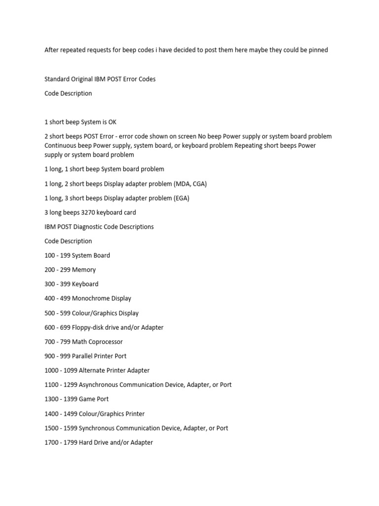 IBM and AMI BIOS Beep Codes Guide | PDF | Bios | Random Access Memory