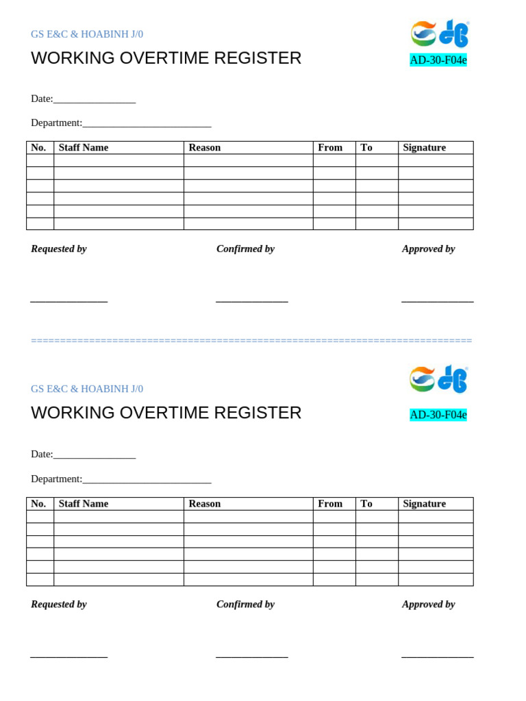 GS E&C Overtime Register Form | PDF