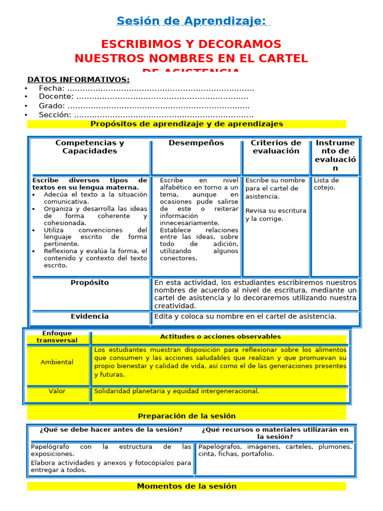 Actividad de Escritura: Cartel de Asistencia | PDF | Salón de clases
