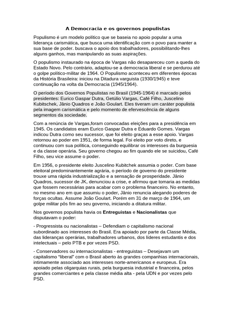 Governos Populistas no Brasil (1945-1964) | PDF | Populismo | Brasil