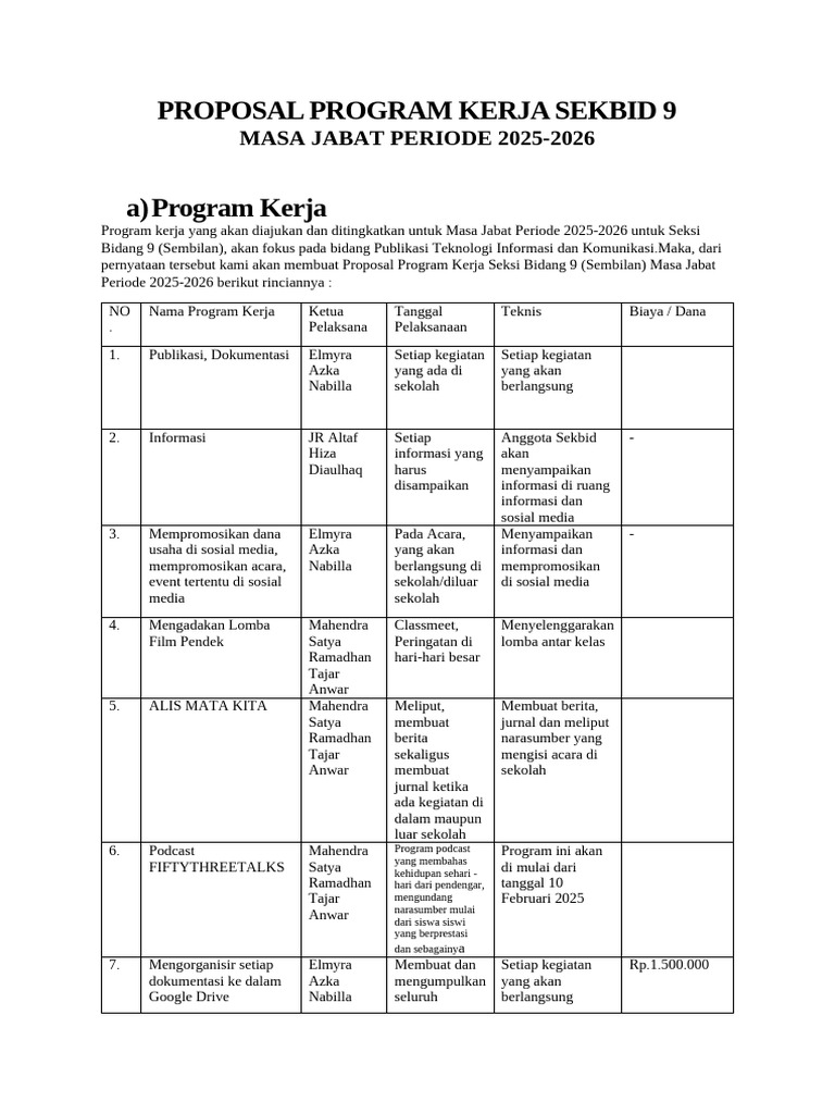 Proposal Program Kerja Sekbid 9 2025-2026 | PDF