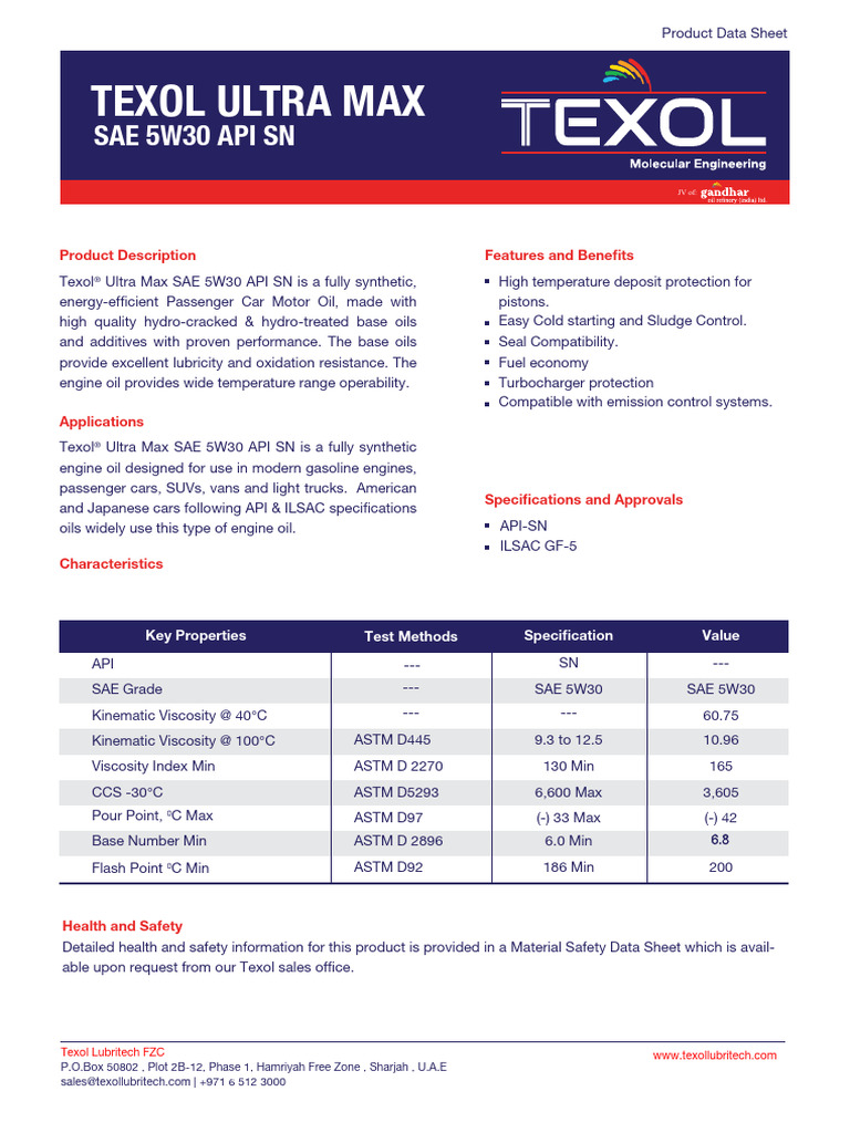 Texol Ultra Max SAE 5W30 Engine Oil | PDF | Motor Oil | Liquids