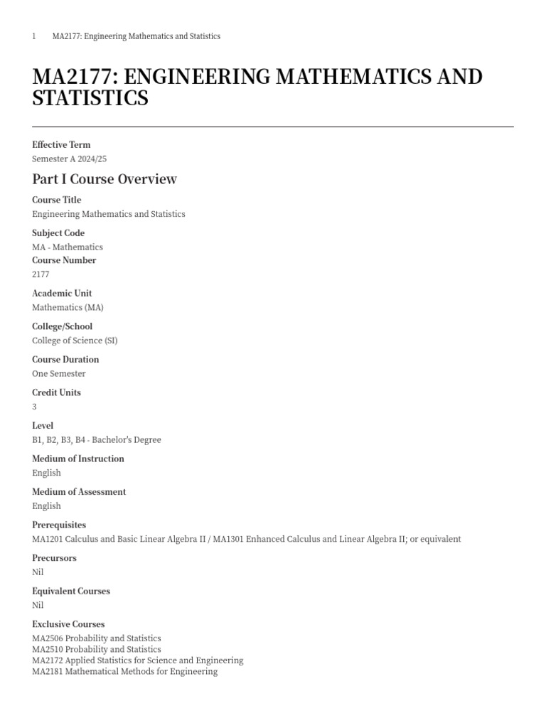 MA2177 Engineering Math & Statistics | PDF | Statistics | Mathematics