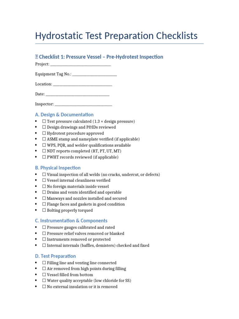 Hydrostatic Test Preparation Checklist | PDF | Welding | Construction