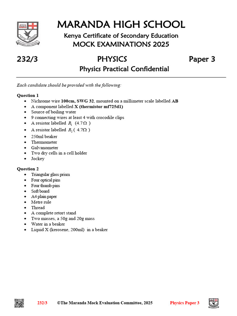 2025 Maranda High School Physics Exam | PDF