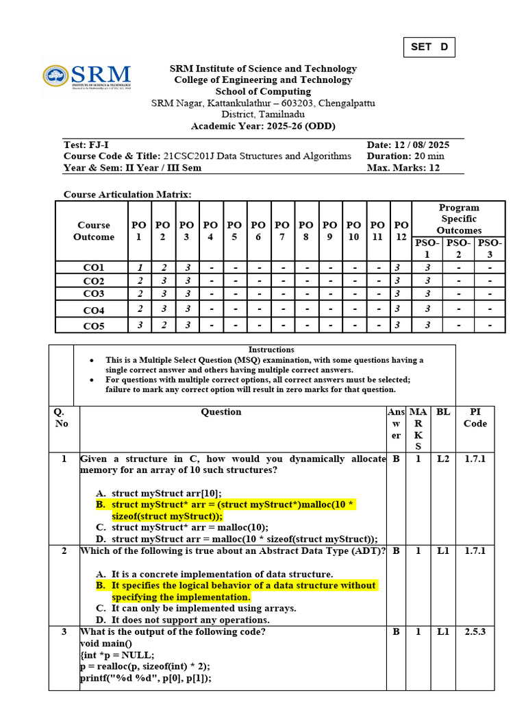 Data Structures Exam - SRM 2025-26 | PDF | Pointer (Computer ...