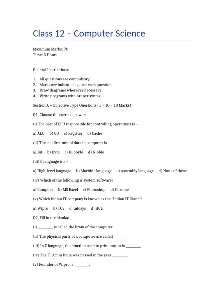 Class 12 Computer Science Exam Guide | PDF | Central Processing Unit ...