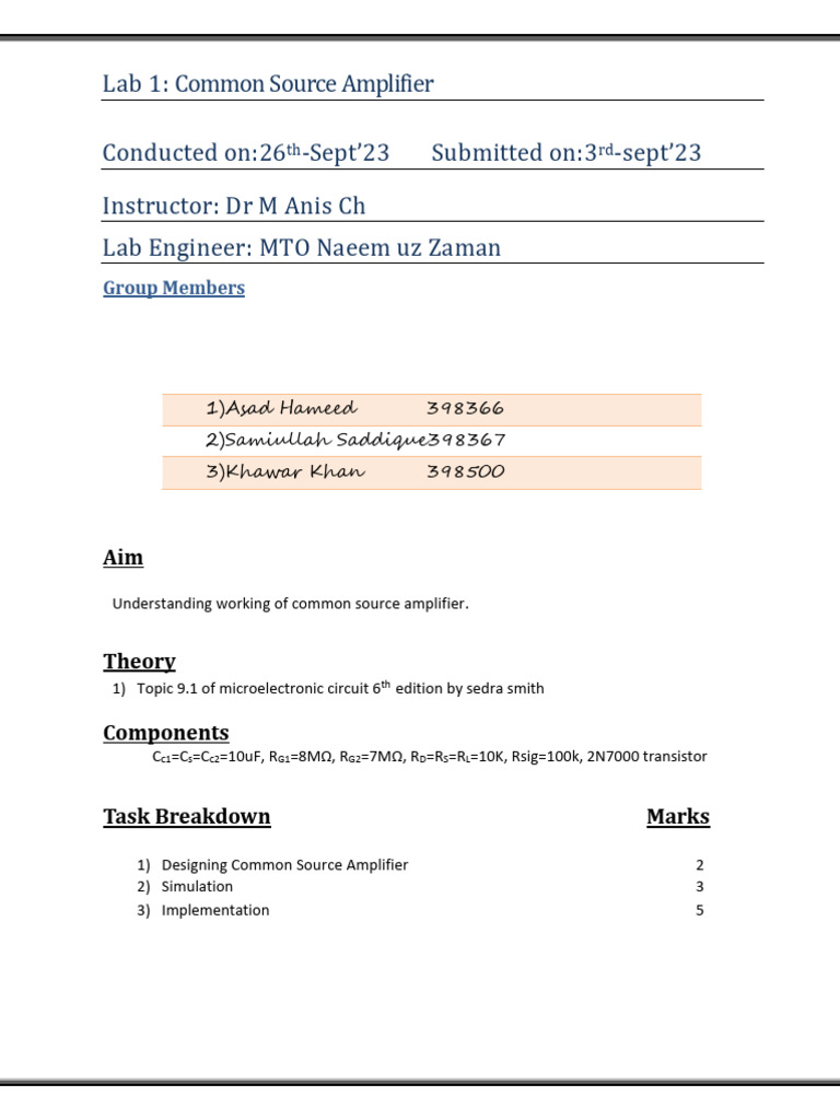 Common Source Amplifier Lab Guide | PDF