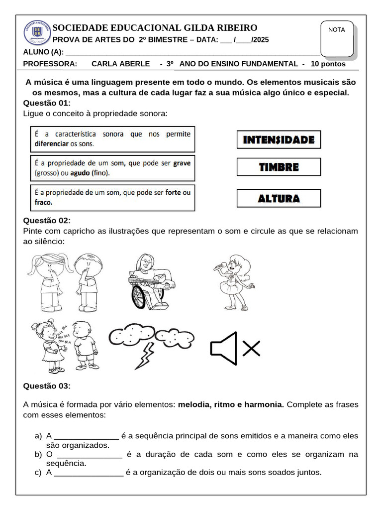 Prova de Artes - 3º Ano Ensino Fundamental | PDF